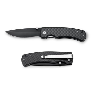 Carbon fibre folding knife, open and closed views.