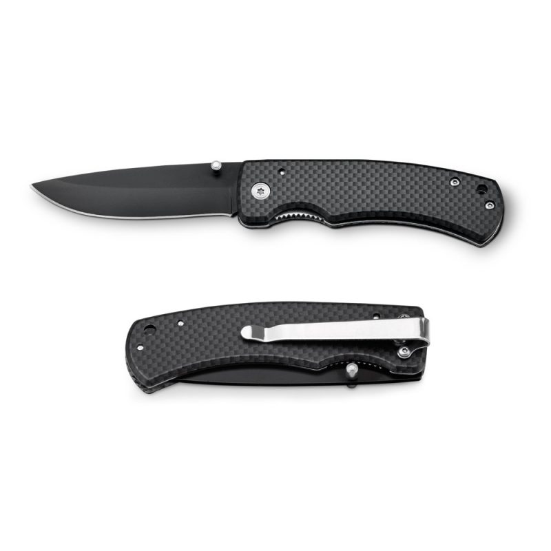 Carbon fibre folding knife, open and closed views.