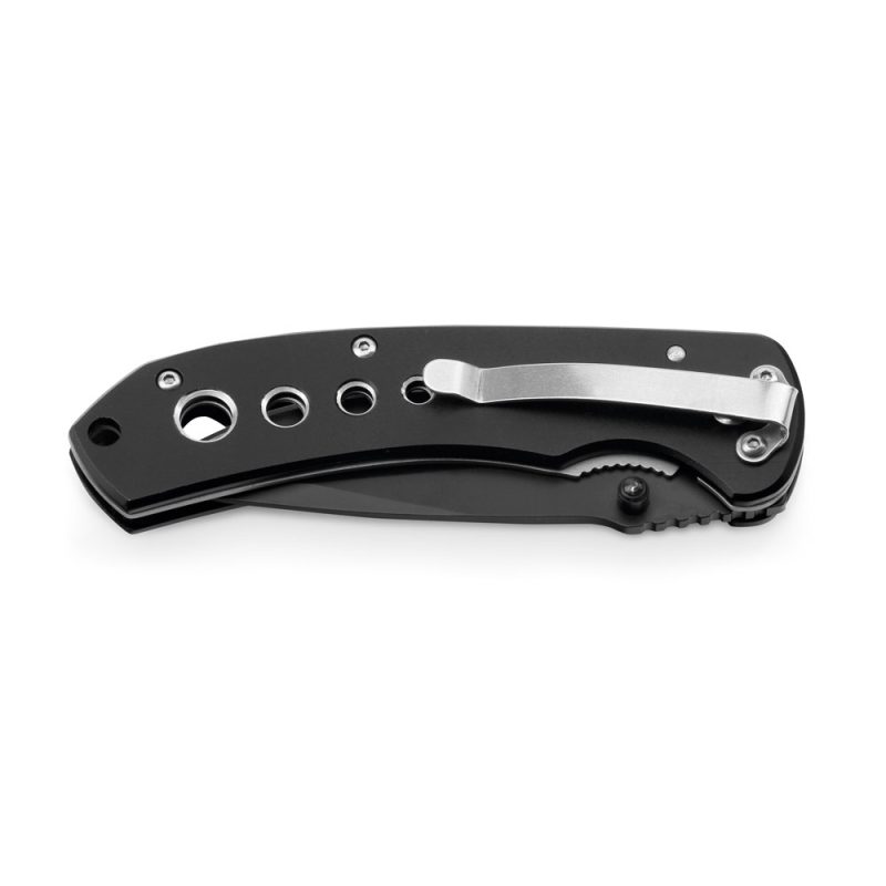 Closed black folding pocket knife with clip.