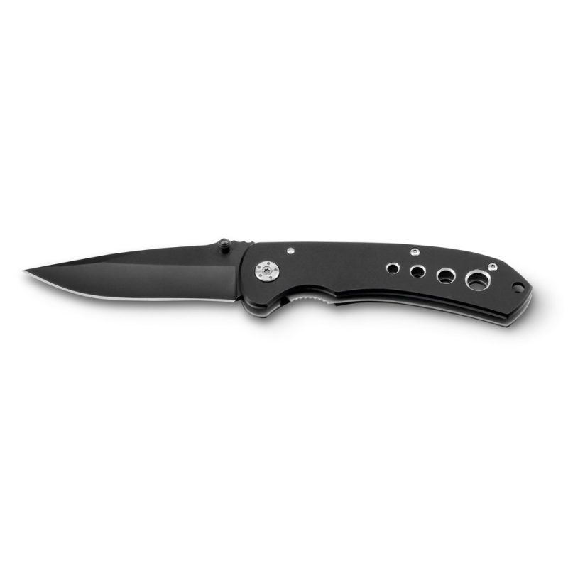 Black folding pocket knife isolated on white background.