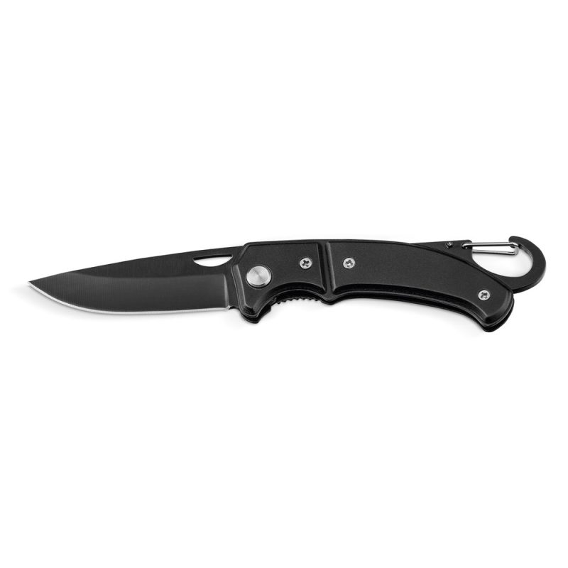 Black folding pocket knife with carabiner clip.