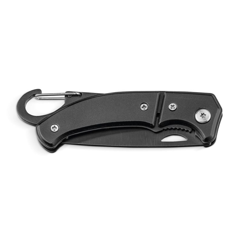 Black folding knife with carabiner clip attachment.