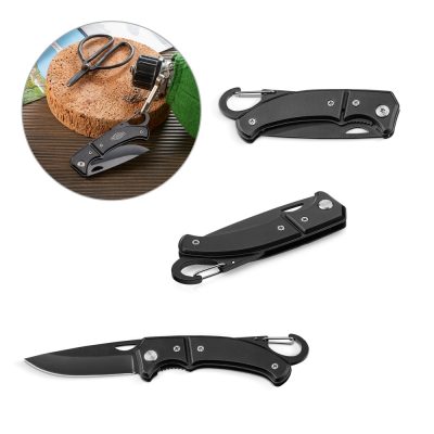 Black folding knife with carabiner clip.