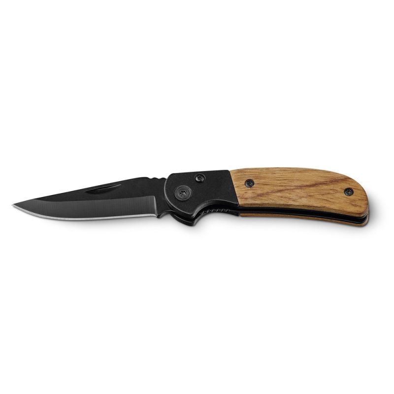 Folding knife with wooden handle and metal blade.