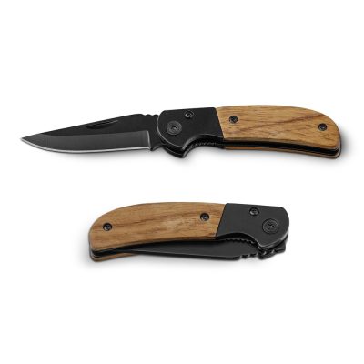 Wood-handled folding pocket knife, open and closed.