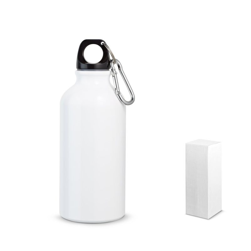 White metal water bottle with black cap and carabiner.