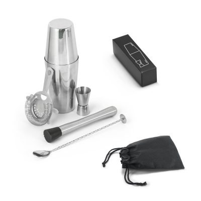 Stainless steel cocktail shaker set with accessories.