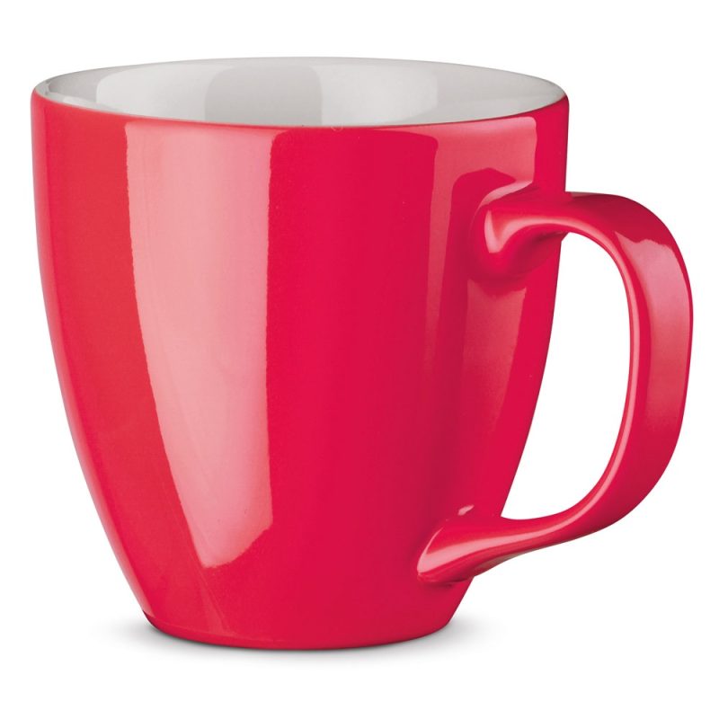 Red ceramic mug with handle.