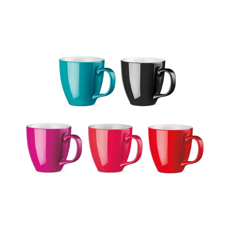 Colourful mugs in a row, various colours.