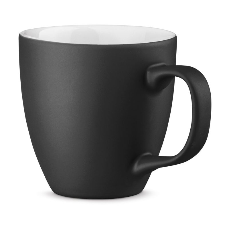 Black ceramic mug with curved handle.