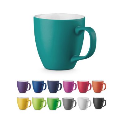 Colourful ceramic mugs in assorted colours.