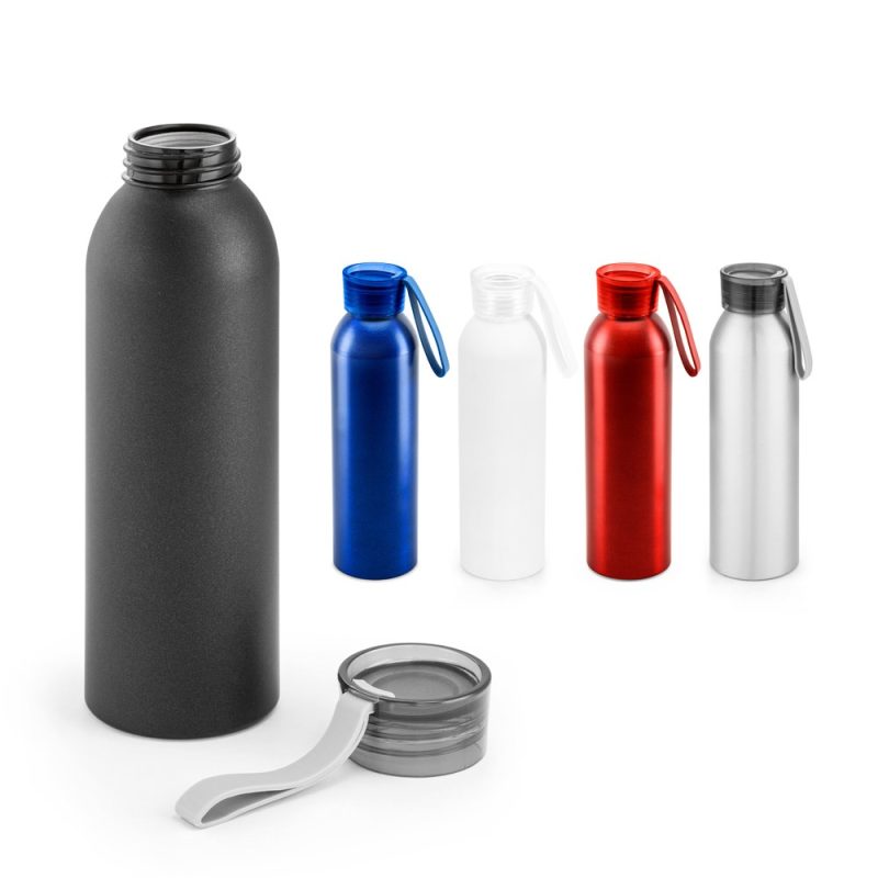 Multi-coloured reusable water bottles with lids.