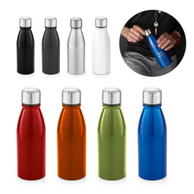 Colourful metal water bottles with screw caps.