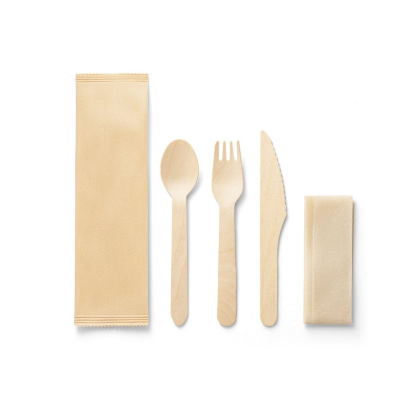 Biodegradable wooden cutlery set with napkins