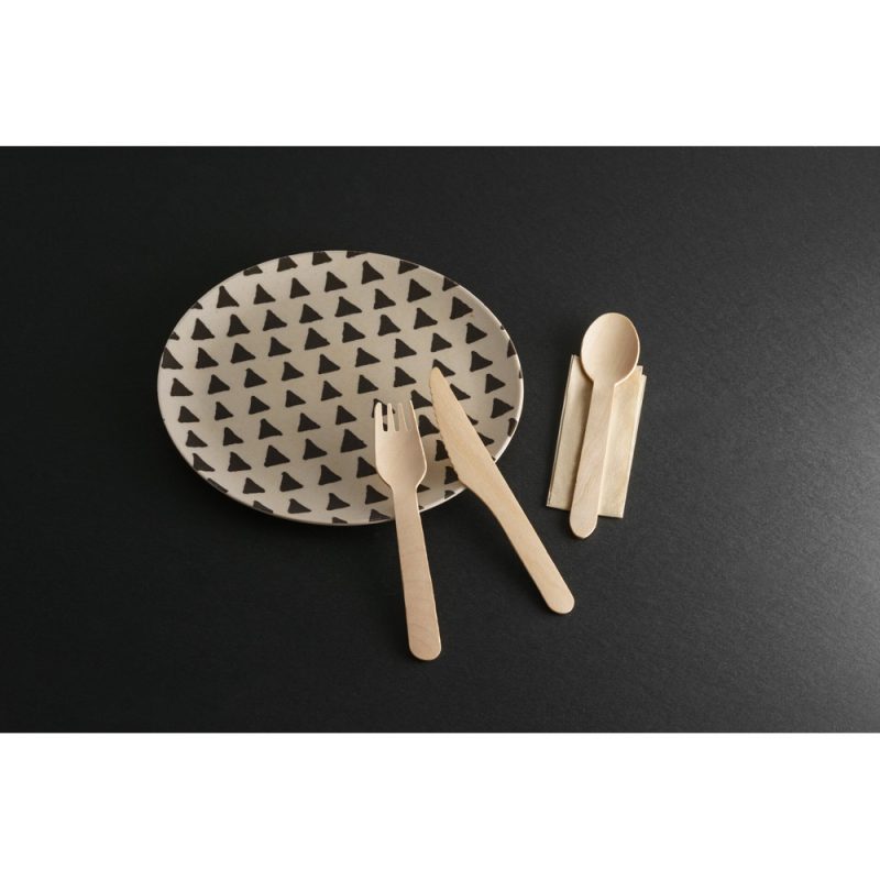Eco-friendly cutlery set with patterned plate.