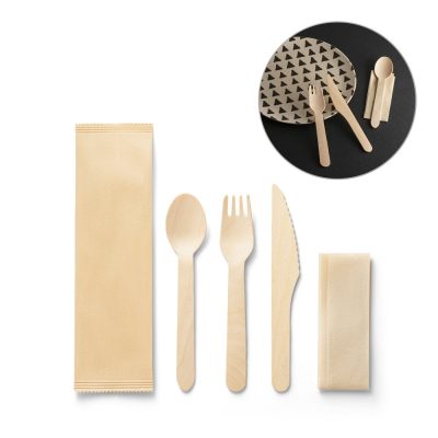 Eco-friendly wooden cutlery set with napkin.