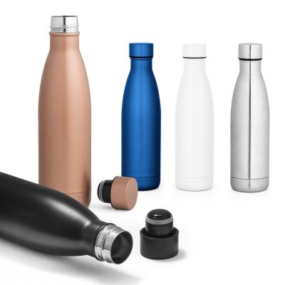 Coloured stainless steel water bottles with caps.