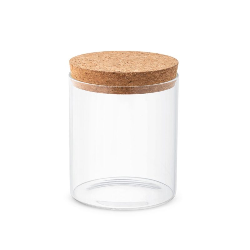 Glass jar with cork lid, minimal design.
