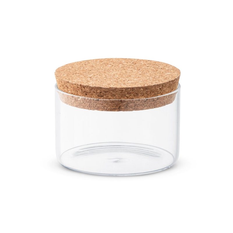 Glass jar with cork lid on white background.