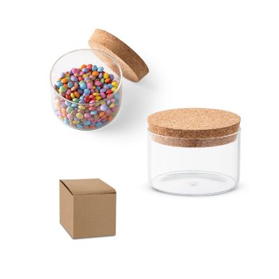 Clear jar with cork lid and colourful sweets.