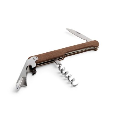 Wooden handled corkscrew and bottle opener tool.