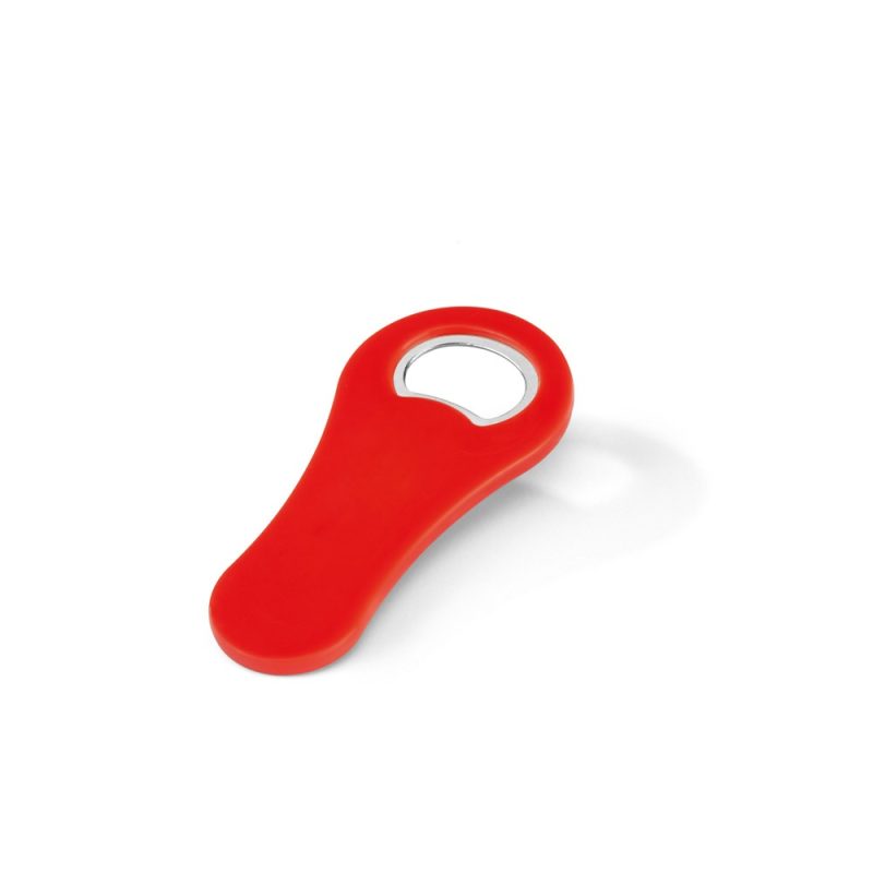 Red bottle opener on white background.