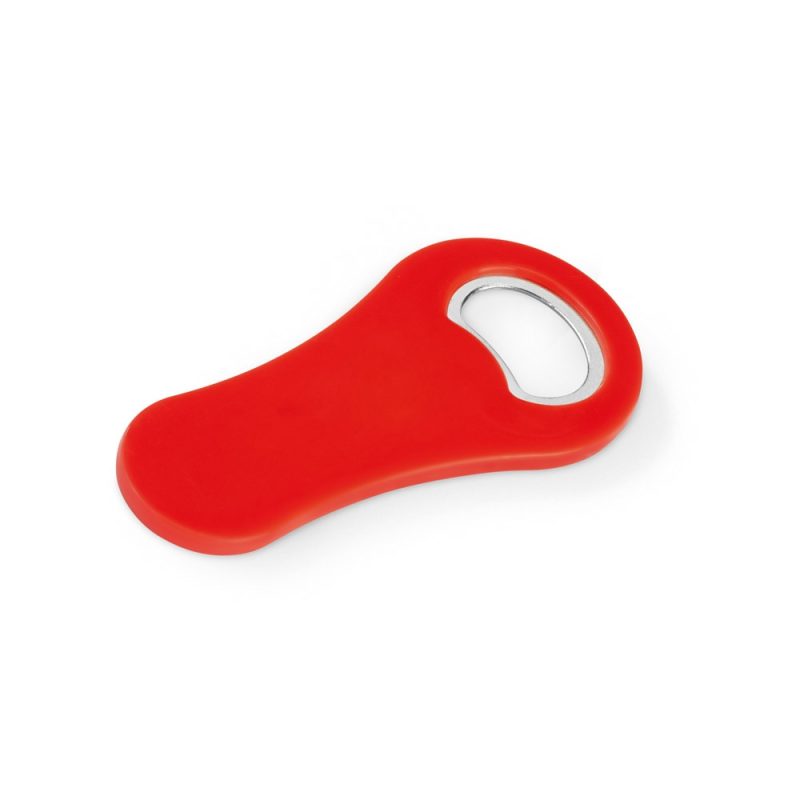 Red bottle opener on white background.