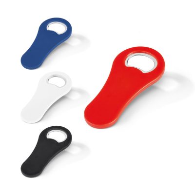 Colourful handheld bottle openers on white background.