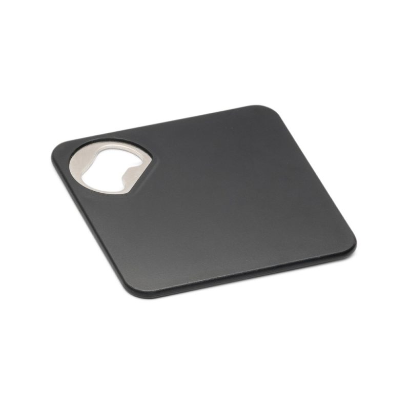 Square black coaster with built-in bottle opener.