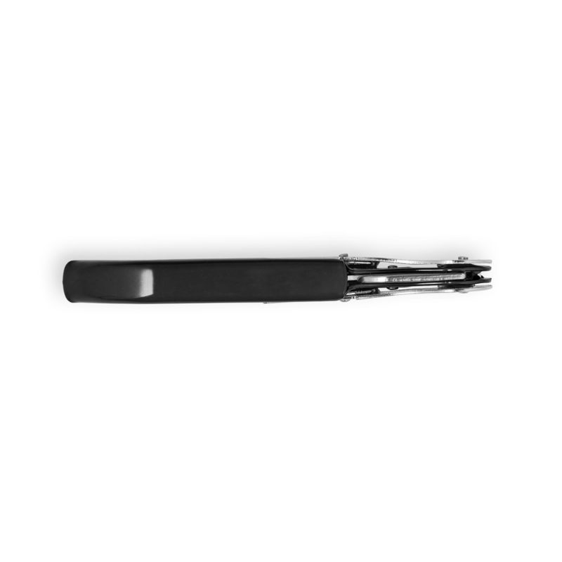 Top view of metal stapler on white background.