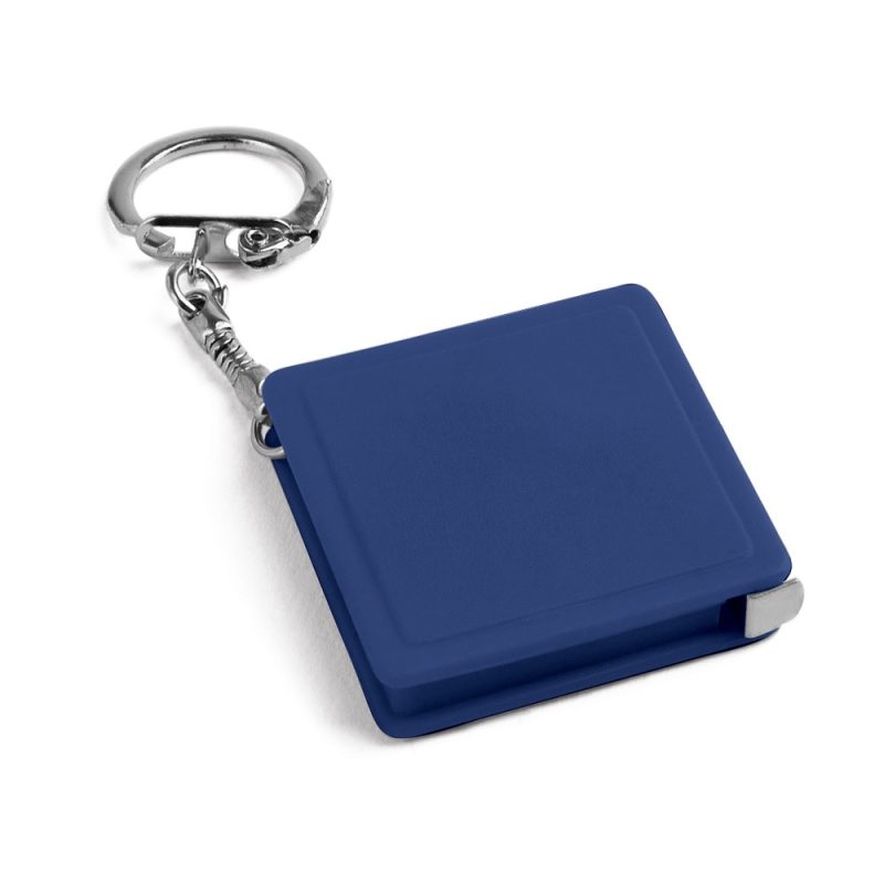 Blue square tape measure keyring for portable use.