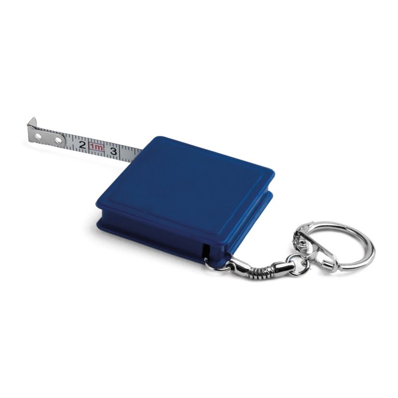 Blue keychain tape measure, 1 meter extended.