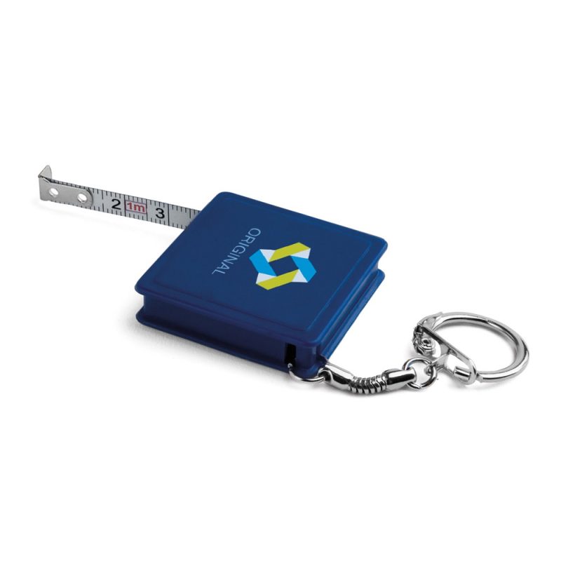 Blue keychain with tape measure extended