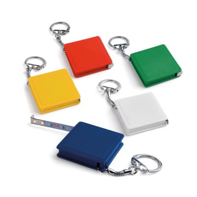 Colourful tape measure keyrings in square units