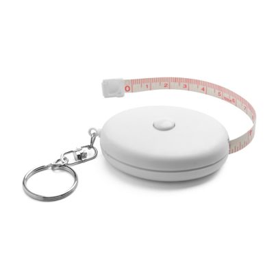 Retractable keyring tape measure on white background.