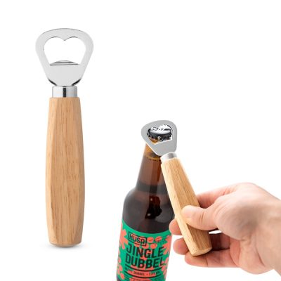 Wood-handled bottle opener used on beer bottle.