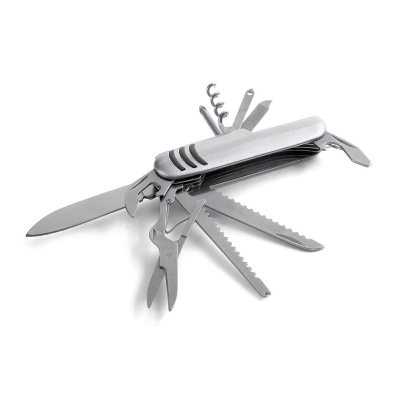 Multi-tool pocket knife with various open blades.