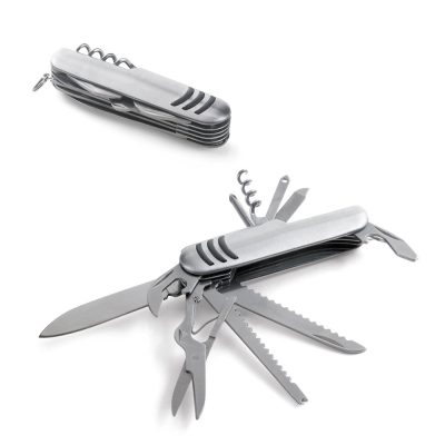 Stainless steel multi-tool pocket knife, various attachments visible.