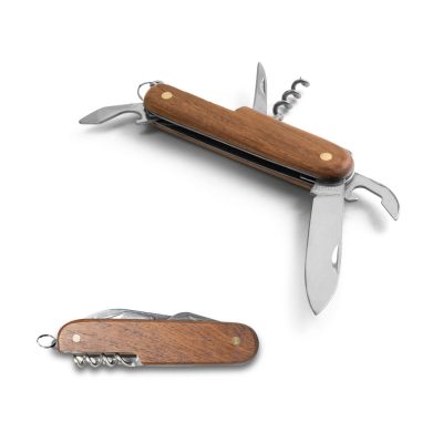 Wooden-handled multi-tool knife with open and closed views.