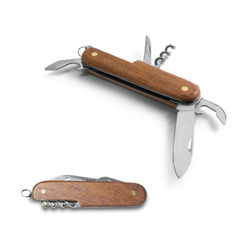 Wooden-handled multi-tool knife with open and closed views.