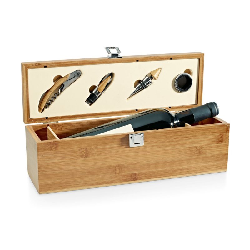 Wooden wine box with accessories and bottle