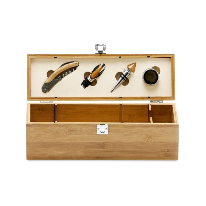 Wooden wine accessory gift set with tools.