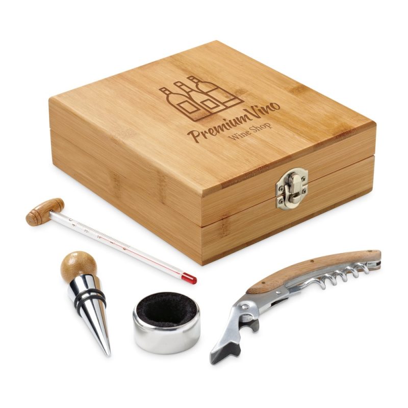 Bamboo wine accessory set with corkscrew and thermometer.