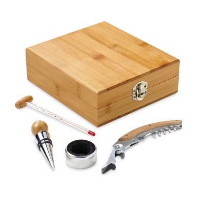 Wooden wine accessory set with corkscrew and thermometer.