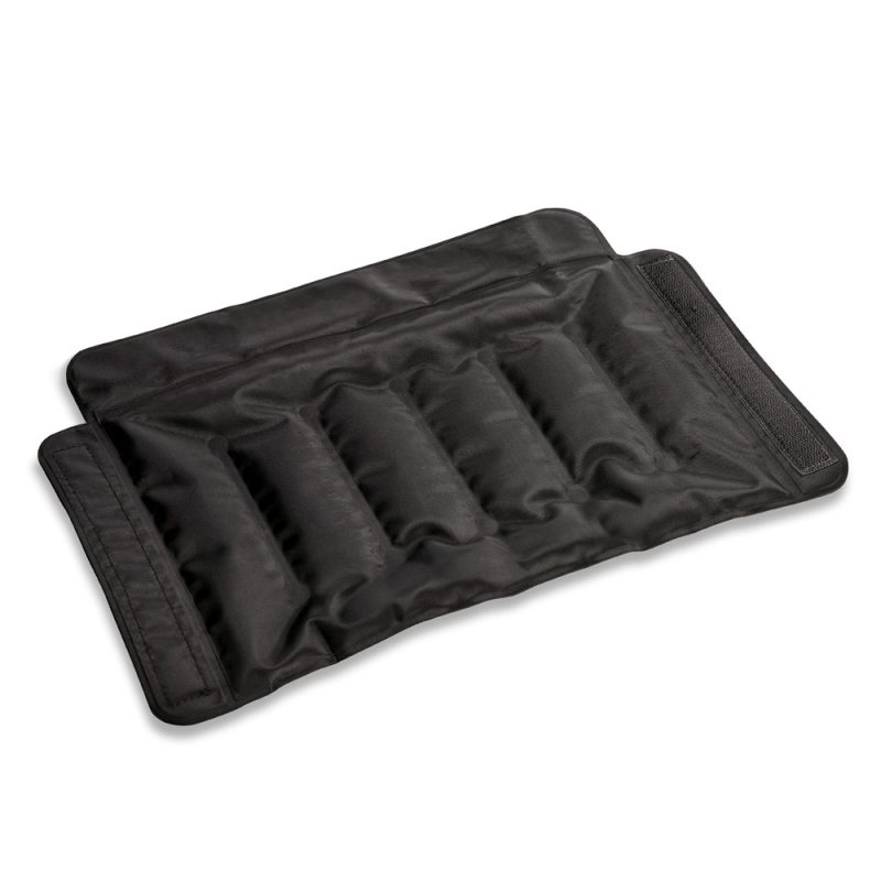 Black reusable ice pack with pockets for cooling.