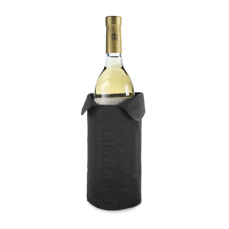 White wine bottle in black cooler sleeve.