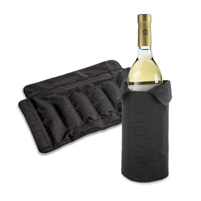 Wine cooler sleeve with a bottle of white wine.