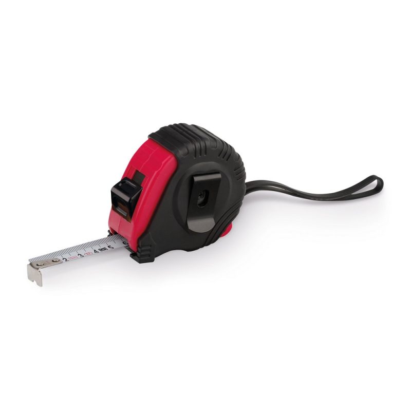 Red and black tape measure on white background.