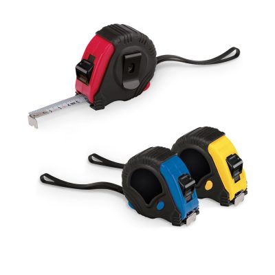 Colourful tape measures with rubber casing.