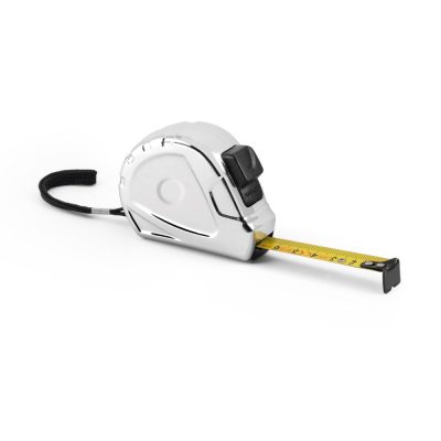 Silver tape measure with extended yellow tape.